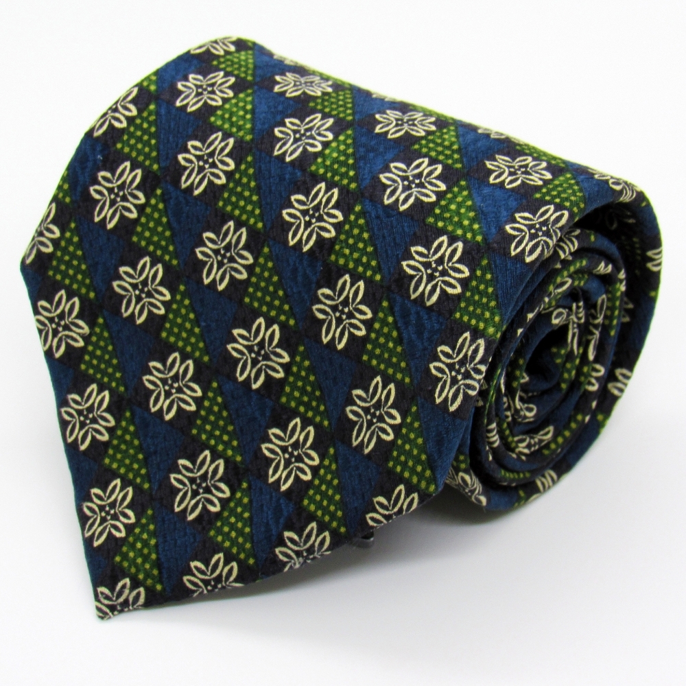 Ermenegildo Zegna Men's Neck Tie - Blue & Green Triangles w/ White Floral Print
